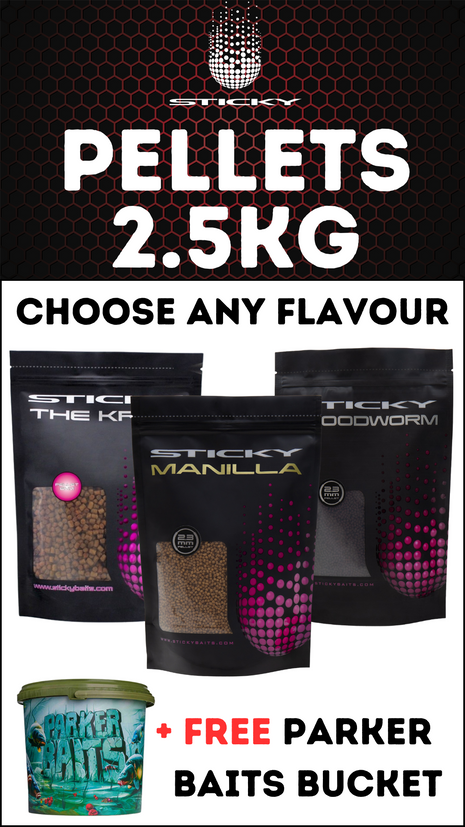 Sticky Baits KRILL/MANILLA/BLOODWORM Pellets 2.5KG + FREE Parker Baits Bucket - £22.99