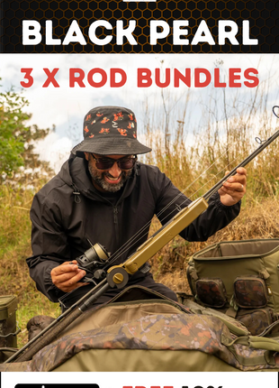 OMC Black Pearl Rods SET OF 3 + Nets + Spods Dark Cork Handles - BRAND NEW
