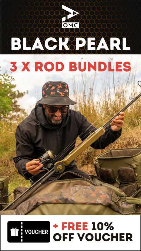OMC Black Pearl Rods SET OF 3 + Nets + Spods Dark Cork Handles - BRAND NEW
