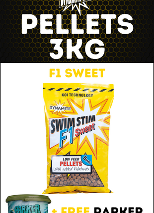 Dynamite F1 Sweet Swim Stim Pellets 3KG + FREE Parker Baits Bucket - £18.99