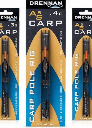 Drennan AS5 Carp Pole Rig |.ALL SIZES (2.5m / Size 12 Barbless Hook / 8lb Main Line / 7lb Hooklength) by Billing Tackle