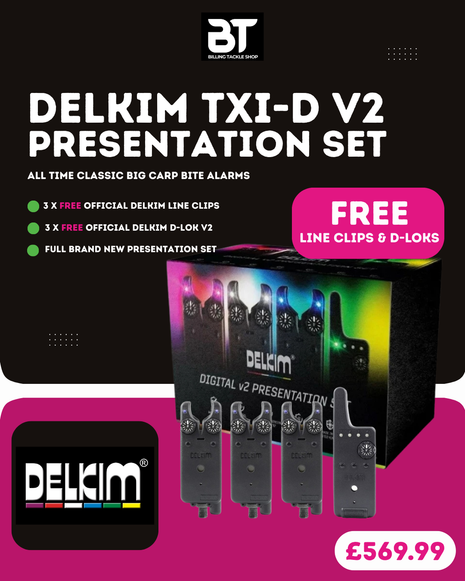 Delkim TXI-D V2 Bite Alarm Presentation Set + FREE D-Loks & Delkim Line Clips
