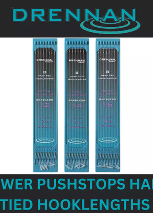 DRENNAN POWER PUSH STOPS HAND TIED HOOKLENGTHS BARBLESS *All Sizes*