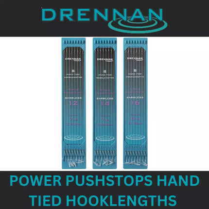 DRENNAN POWER PUSH STOPS HAND TIED HOOKLENGTHS BARBLESS *All Sizes*